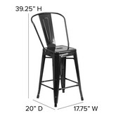 Kai Commercial Grade 24" High Black Metal Indoor-Outdoor Counter Height Stool with Removable Back and Square Black All-Weather Poly Resin Seat, CH-31320-24GB-BK-PL2B-GG