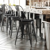 Kai Commercial Grade 24" High Black Metal Indoor-Outdoor Counter Height Stool with Removable Back and Square Black All-Weather Poly Resin Seat, CH-31320-24GB-BK-PL2B-GG