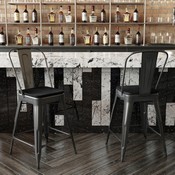 Kai Commercial Grade 24" High Black Metal Indoor-Outdoor Counter Height Stool with Removable Back and Square Black All-Weather Poly Resin Seat, CH-31320-24GB-BK-PL2B-GG