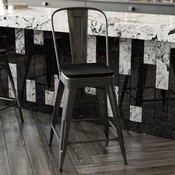 Kai Commercial Grade 24" High Black Metal Indoor-Outdoor Counter Height Stool with Removable Back and Square Black All-Weather Poly Resin Seat, CH-31320-24GB-BK-PL2B-GG