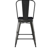 Kai Commercial Grade 24" High Black Metal Indoor-Outdoor Counter Height Stool with Removable Back and Square Black All-Weather Poly Resin Seat, CH-31320-24GB-BK-PL2B-GG