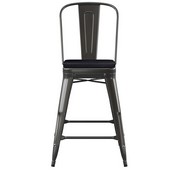 Kai Commercial Grade 24" High Black Metal Indoor-Outdoor Counter Height Stool with Removable Back and Square Black All-Weather Poly Resin Seat, CH-31320-24GB-BK-PL2B-GG