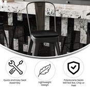 Kai Commercial Grade 24" High Black Metal Indoor-Outdoor Counter Height Stool with Removable Back and Square Black All-Weather Poly Resin Seat, CH-31320-24GB-BK-PL2B-GG