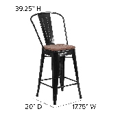 24" High Black Metal Counter Height Stool with Back and Wood Seat, CH-31320-24GB-BK-WD-GG