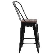 24" High Black Metal Counter Height Stool with Back and Wood Seat, CH-31320-24GB-BK-WD-GG