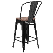 24" High Black Metal Counter Height Stool with Back and Wood Seat, CH-31320-24GB-BK-WD-GG