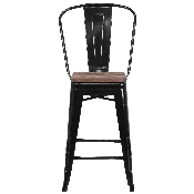 24" High Black Metal Counter Height Stool with Back and Wood Seat, CH-31320-24GB-BK-WD-GG