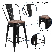 24" High Black Metal Counter Height Stool with Back and Wood Seat, CH-31320-24GB-BK-WD-GG