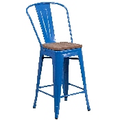 24" High Blue Metal Counter Height Stool with Back and Wood Seat, CH-31320-24GB-BL-WD-GG
