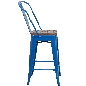 24" High Blue Metal Counter Height Stool with Back and Wood Seat, CH-31320-24GB-BL-WD-GG