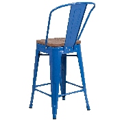 24" High Blue Metal Counter Height Stool with Back and Wood Seat, CH-31320-24GB-BL-WD-GG