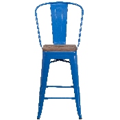 24" High Blue Metal Counter Height Stool with Back and Wood Seat, CH-31320-24GB-BL-WD-GG