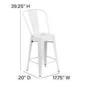 Kai Commercial Grade 24" High White Metal Indoor-Outdoor Counter Height Stool with Removable Back and Square Gray All-Weather Poly Resin Seat, CH-31320-24GB-WH-PL2G-GG
