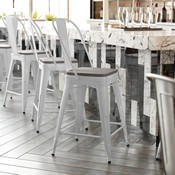 Kai Commercial Grade 24" High White Metal Indoor-Outdoor Counter Height Stool with Removable Back and Square Gray All-Weather Poly Resin Seat, CH-31320-24GB-WH-PL2G-GG