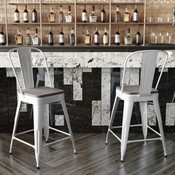 Kai Commercial Grade 24" High White Metal Indoor-Outdoor Counter Height Stool with Removable Back and Square Gray All-Weather Poly Resin Seat, CH-31320-24GB-WH-PL2G-GG
