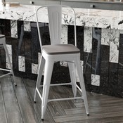 Kai Commercial Grade 24" High White Metal Indoor-Outdoor Counter Height Stool with Removable Back and Square Gray All-Weather Poly Resin Seat, CH-31320-24GB-WH-PL2G-GG