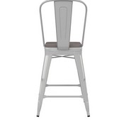 Kai Commercial Grade 24" High White Metal Indoor-Outdoor Counter Height Stool with Removable Back and Square Gray All-Weather Poly Resin Seat, CH-31320-24GB-WH-PL2G-GG