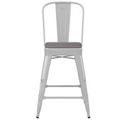 Kai Commercial Grade 24" High White Metal Indoor-Outdoor Counter Height Stool with Removable Back and Square Gray All-Weather Poly Resin Seat, CH-31320-24GB-WH-PL2G-GG