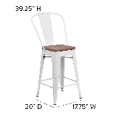24" High White Metal Counter Height Stool with Back and Wood Seat, CH-31320-24GB-WH-WD-GG