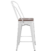 24" High White Metal Counter Height Stool with Back and Wood Seat, CH-31320-24GB-WH-WD-GG
