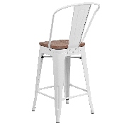 24" High White Metal Counter Height Stool with Back and Wood Seat, CH-31320-24GB-WH-WD-GG