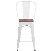 24" High White Metal Counter Height Stool with Back and Wood Seat, CH-31320-24GB-WH-WD-GG