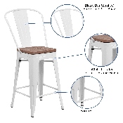 24" High White Metal Counter Height Stool with Back and Wood Seat, CH-31320-24GB-WH-WD-GG