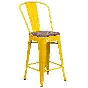 24" High Yellow Metal Counter Height Stool with Back and Wood Seat, CH-31320-24GB-YL-WD-GG