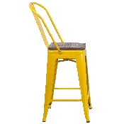 24" High Yellow Metal Counter Height Stool with Back and Wood Seat, CH-31320-24GB-YL-WD-GG