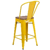 24" High Yellow Metal Counter Height Stool with Back and Wood Seat, CH-31320-24GB-YL-WD-GG
