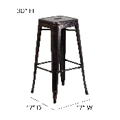 Commercial Grade 30" High Backless Black-Antique Gold Metal Indoor-Outdoor Barstool with Square Seat, CH-31320-30-BQ-GG