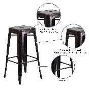 Commercial Grade 30" High Backless Black-Antique Gold Metal Indoor-Outdoor Barstool with Square Seat, CH-31320-30-BQ-GG