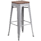 30" High Backless Silver Metal Barstool with Square Wood Seat, CH-31320-30-SIL-WD-GG