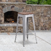 30" High Backless Silver Metal Barstool with Square Wood Seat, CH-31320-30-SIL-WD-GG