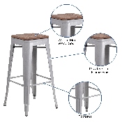 30" High Backless Silver Metal Barstool with Square Wood Seat, CH-31320-30-SIL-WD-GG