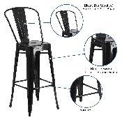 Commercial Grade 30" High Black Metal Indoor-Outdoor Barstool with Removable Back, CH-31320-30GB-BK-GG