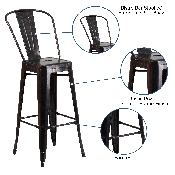 Commercial Grade 30" High Black-Antique Gold Metal Indoor-Outdoor Barstool with Removable Back, CH-31320-30GB-BQ-GG