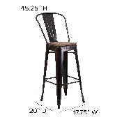 30" High Black-Antique Gold Metal Barstool with Back and Wood Seat, CH-31320-30GB-BQ-WD-GG