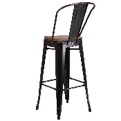 30" High Black-Antique Gold Metal Barstool with Back and Wood Seat, CH-31320-30GB-BQ-WD-GG