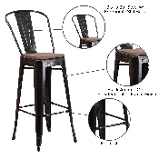 30" High Black-Antique Gold Metal Barstool with Back and Wood Seat, CH-31320-30GB-BQ-WD-GG