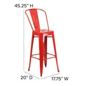 Kai Commercial Grade 30" High Red Metal Indoor-Outdoor Bar Height Stool with Removable Back and Square Red All-Weather Poly Resin Seat, CH-31320-30GB-RED-PL2R-GG