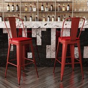 Kai Commercial Grade 30" High Red Metal Indoor-Outdoor Bar Height Stool with Removable Back and Square Red All-Weather Poly Resin Seat, CH-31320-30GB-RED-PL2R-GG