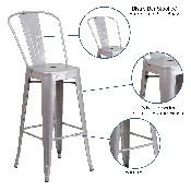 Commercial Grade 30" High Silver Metal Indoor-Outdoor Barstool with Removable Back, CH-31320-30GB-SIL-GG