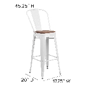 30" High White Metal Barstool with Back and Wood Seat, CH-31320-30GB-WH-WD-GG