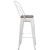 30" High White Metal Barstool with Back and Wood Seat, CH-31320-30GB-WH-WD-GG