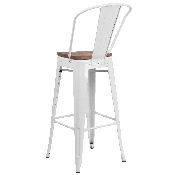 30" High White Metal Barstool with Back and Wood Seat, CH-31320-30GB-WH-WD-GG