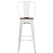 30" High White Metal Barstool with Back and Wood Seat, CH-31320-30GB-WH-WD-GG