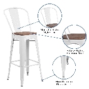 30" High White Metal Barstool with Back and Wood Seat, CH-31320-30GB-WH-WD-GG