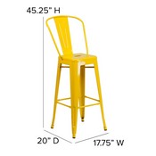 Kai Commercial Grade 30" High Yellow Metal Indoor-Outdoor Bar Height Stool with Removable Back and Square Teak All-Weather Poly Resin Seat, CH-31320-30GB-YL-PL2T-GG