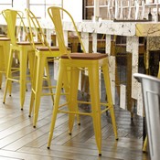 Kai Commercial Grade 30" High Yellow Metal Indoor-Outdoor Bar Height Stool with Removable Back and Square Teak All-Weather Poly Resin Seat, CH-31320-30GB-YL-PL2T-GG
